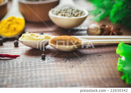 Beautiful colorful spices in wooden spoons Beautiful colorful spices in wooden spoons 22630342