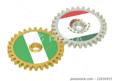 Mexico and Nigeria flags on a gears, 3D rendering 22630915