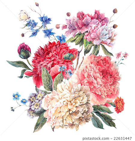 Vintage Floral Greeting Card with Blooming Peonies - Stock Illustration ...