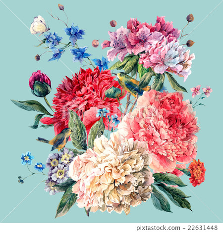 Vintage Floral Greeting Card with Blooming Peonies - Stock Illustration ...