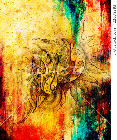 drawing of ornamental dragon and sun on old paper 22638893