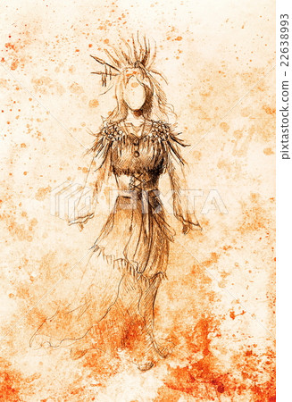 pencil drawing on paper, indian woman and feathers 22638993