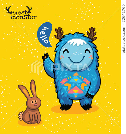Funny blue monster with hare on yellow background 22641769