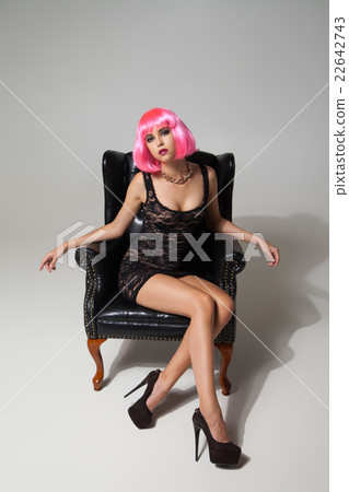 beautiful model in pink wig and lace dress on 22642743