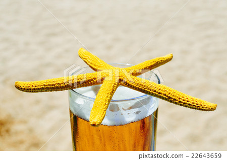 starfish and refreshing beer on the beach 22643659