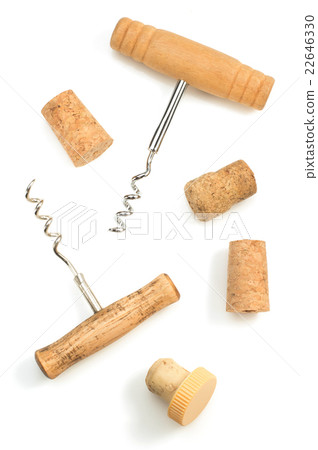 corkscrew and wine cork on white 22646330