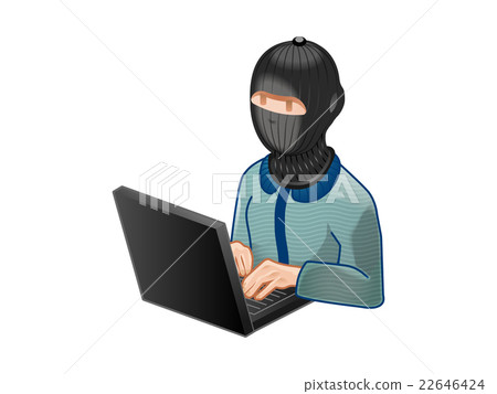 A man with a suspicious mask with a computer A man with a suspicious mask with a computer 22646424
