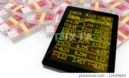 Tablet leaning on a pile of chinese RMB 22649664