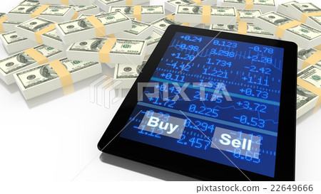Tablet leaning on USD with a blue stock ticker 22649666
