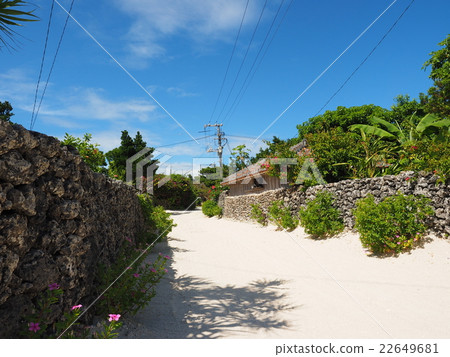 White sand road which crushed coral of Taketomi-jima Island in Okinawa, coral stone wall, village of roof of red tile 22649681