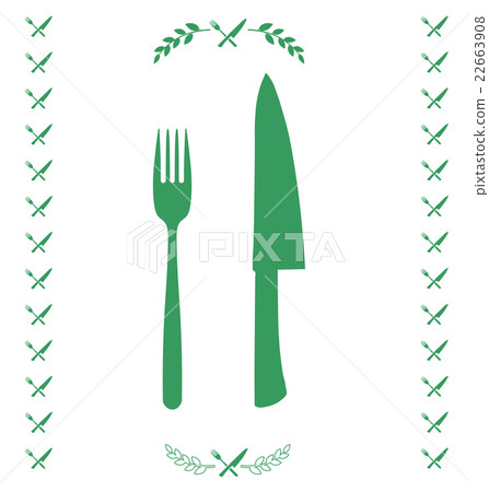 Green chef knife and fork crossed in vector. Green chef knife and fork crossed in vector. 22663908