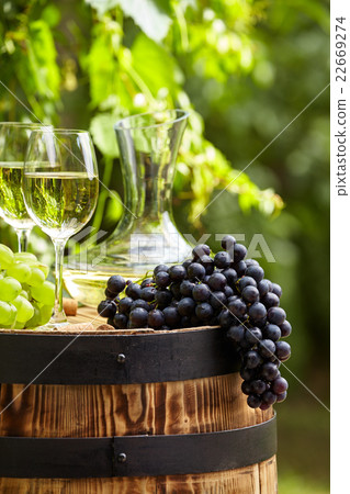Grape on a wooden barrel. Grape on a wooden barrel. 22669274