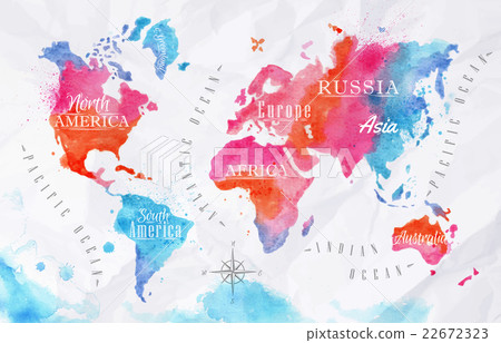 Watercolor world map pink blue 22672323