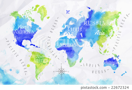 Watercolor world map green blue 22672324