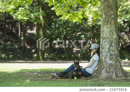 A woman relaxing with a dog in the shade of a tree 22673916