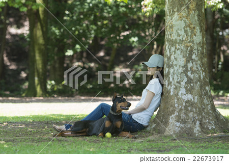 A woman relaxing with a dog in the shade of a tree 22673917