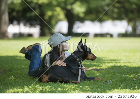 A woman relaxing with a dog in the shade of a tree 22673920