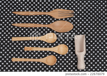Color tablecloth, spoon, fork on  table background 22678879