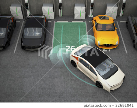 A white car to back to the parking lot equipped with charging station with automatic parking system A white car to back to the parking lot equipped with charging station with automatic parking system 22691041