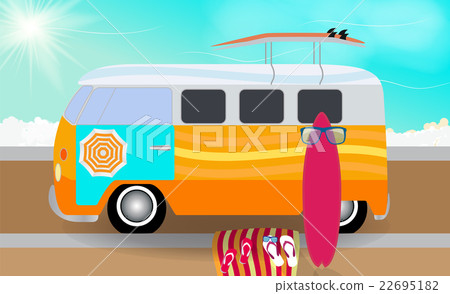 Cartoon van with surfboards standing in the road Cartoon van with surfboards standing in the road 22695182