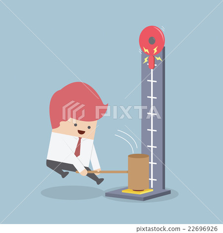 Businessman at a carnival hitting strength tester Businessman at a carnival hitting strength tester 22696926