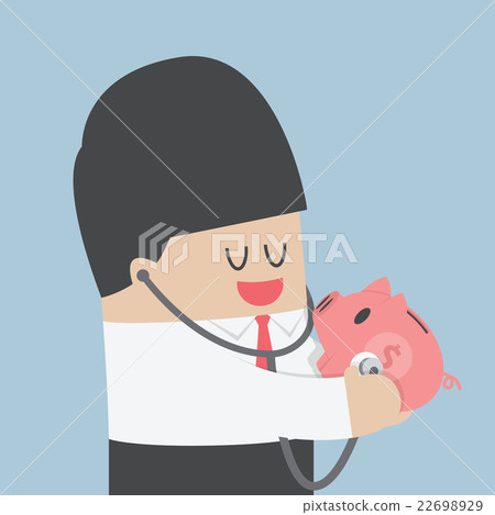 Businessman use stethoscope checking piggy bank Businessman use stethoscope checking piggy bank 22698929