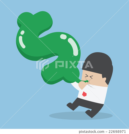 Businessman blowing air into dollar shape balloon Businessman blowing air into dollar shape balloon 22698971