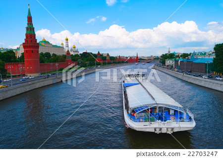 Moscow Kremlin and big barge on river Moscow Kremlin and big barge on river 22703247