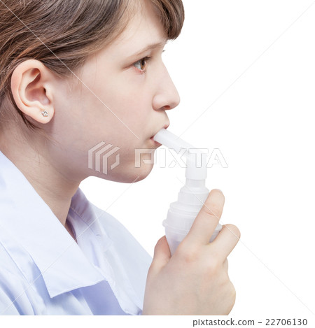 girl inhales with mouthpiece of jet nebulizer girl inhales with mouthpiece of jet nebulizer 22706130