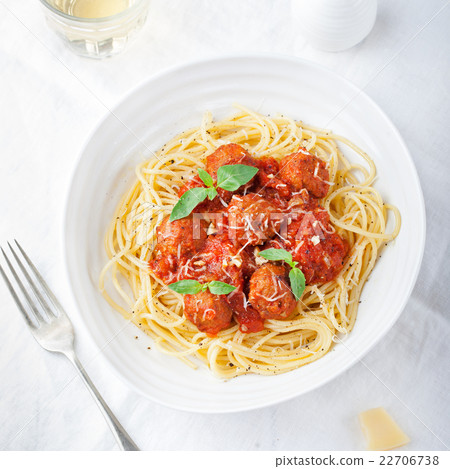 Meatballs in tomato sauce and basil with spaghetti Meatballs in tomato sauce and basil with spaghetti 22706738