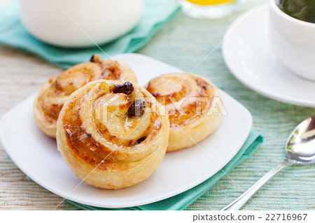 Romantic tropical breakfast Danish pastry, coffee 22716967