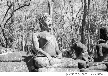 black and white of Sculpture of Stone Buddha 22718522