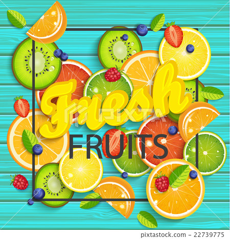 Blue wooden background with tropical fruits. 22739775