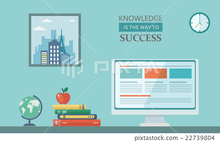 Flat illustration of desktop with computer Flat illustration of desktop with computer 22739804