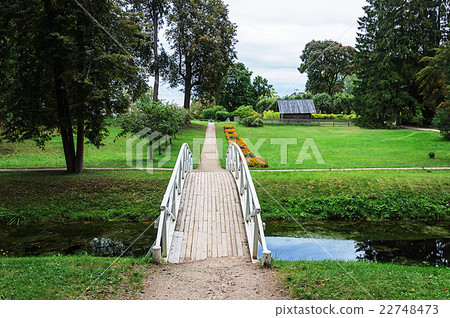 Footpath in old park with white wooden bridge 22748473