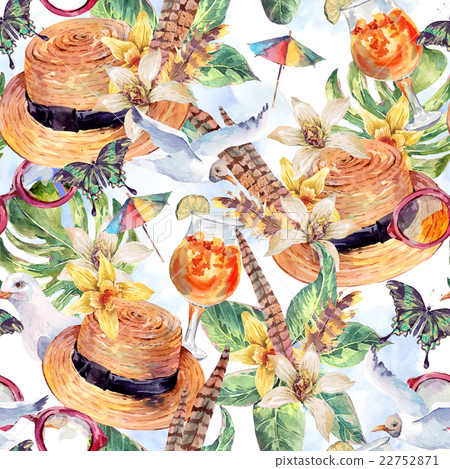 Summer watercolor seamless pattern straw hat, sea 22752871
