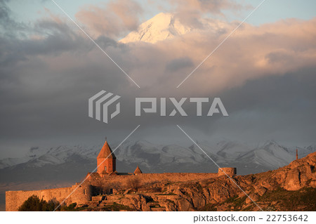 Ancient monastery in front of mountain 22753642