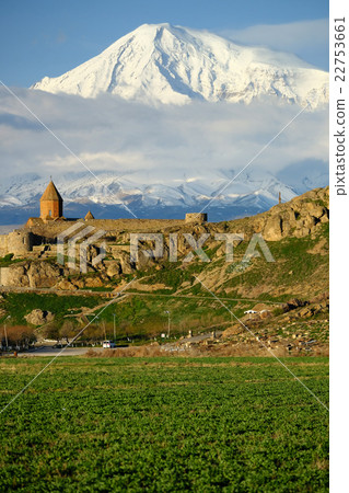 Ancient monastery in front of mountain 22753661