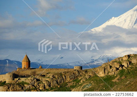 Ancient monastery in front of mountain 22753662