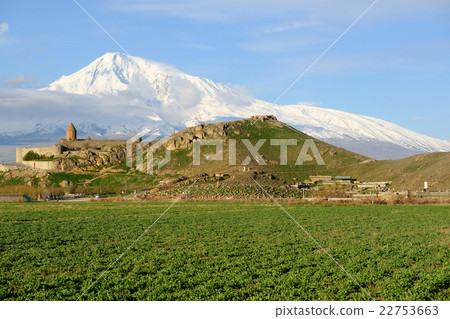 Ancient monastery in front of mountain 22753663