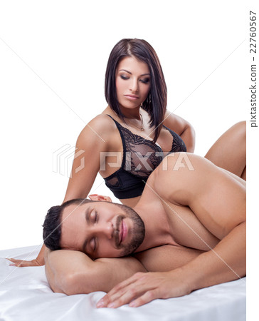 Hot brunette discontentedly looks at man dreaming Hot brunette discontentedly looks at man dreaming 22760567