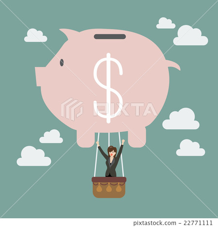 Business woman celebrating in piggy bank balloon 22771111