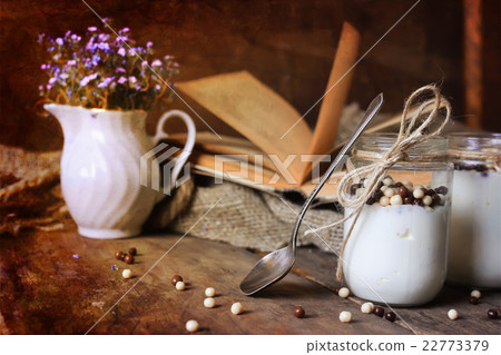 retro effect photo rustic homemade yogurt jar 22773379