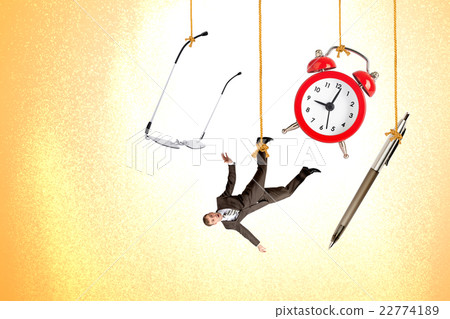 Man hanging on rope with clock, pen and glasses Man hanging on rope with clock, pen and glasses 22774189