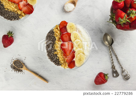 Breakfast of smoothie with chia, coco, strawberry 22779286