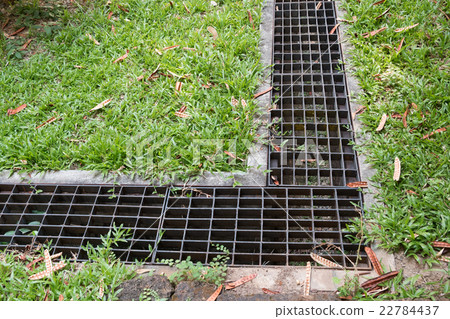iron grate of water drain in grass garden field 22784437