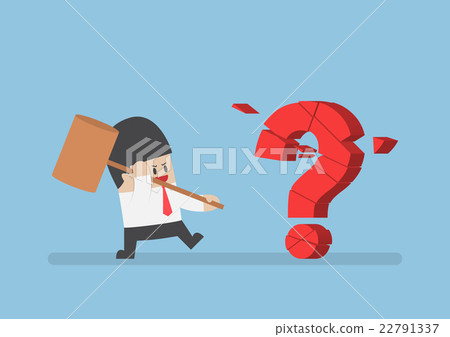 Businessman use hammer breaking red question mark Businessman use hammer breaking red question mark 22791337