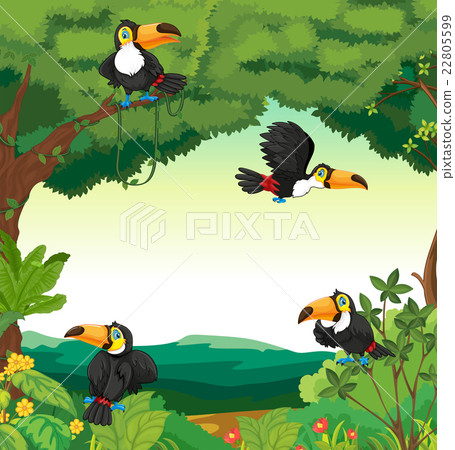 Stock Illustration: Scene with many toucans flying in forest