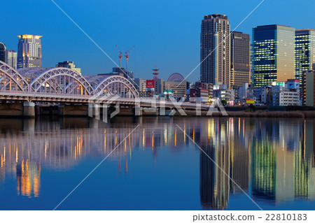 The streets of Osaka Kita and Osaka Ohashi Bridge at dusk 22810183