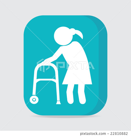 Elderly woman and walker symbol, button vector - Stock Illustration ...
